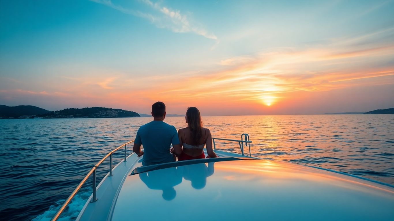 Pareja navegando al atardecer por la costa croata.