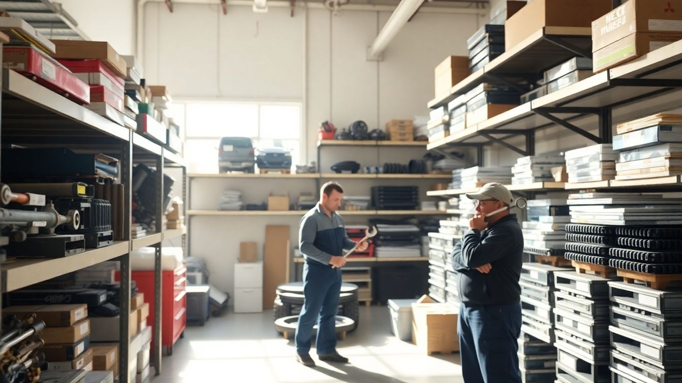 Mitsubishi truck and van parts in a workshop