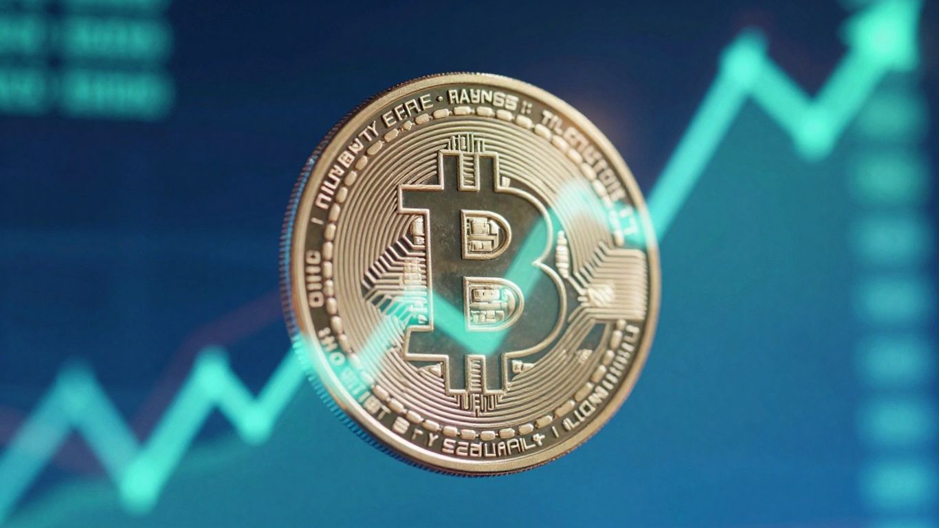 Crypto coin with upward trend and abstract light patterns.