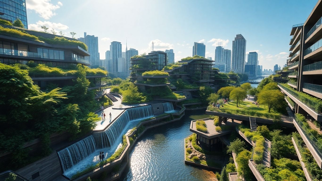 Climate-adaptive city with green spaces and modern architecture.
