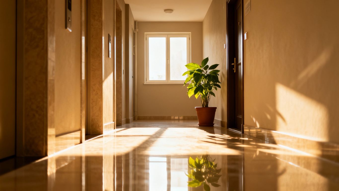 Čistý vchod do paneláka s dobre osvetlenými chodbami.