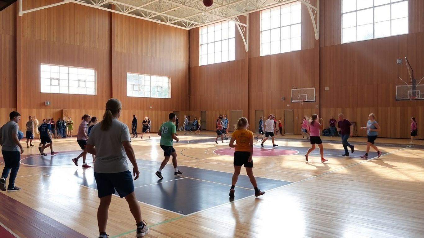 Maitland Indoor Sports Centre with people playing basketball and netball.