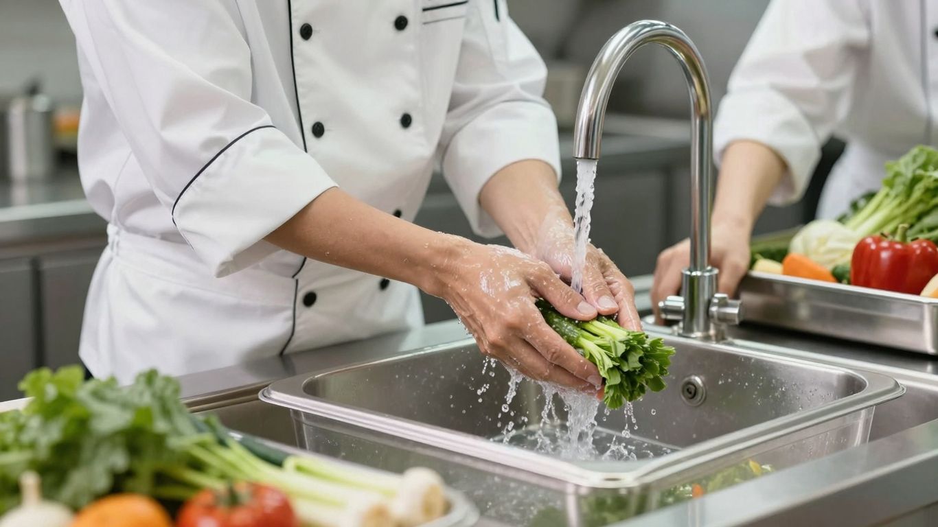 Chef washing hands, preparing food safely in a clean kitchen.