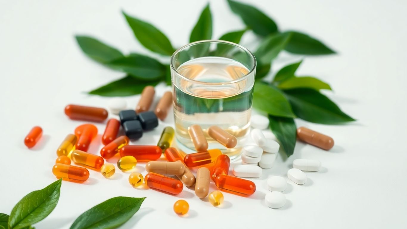 Assorted supplements and green tea leaves on white background