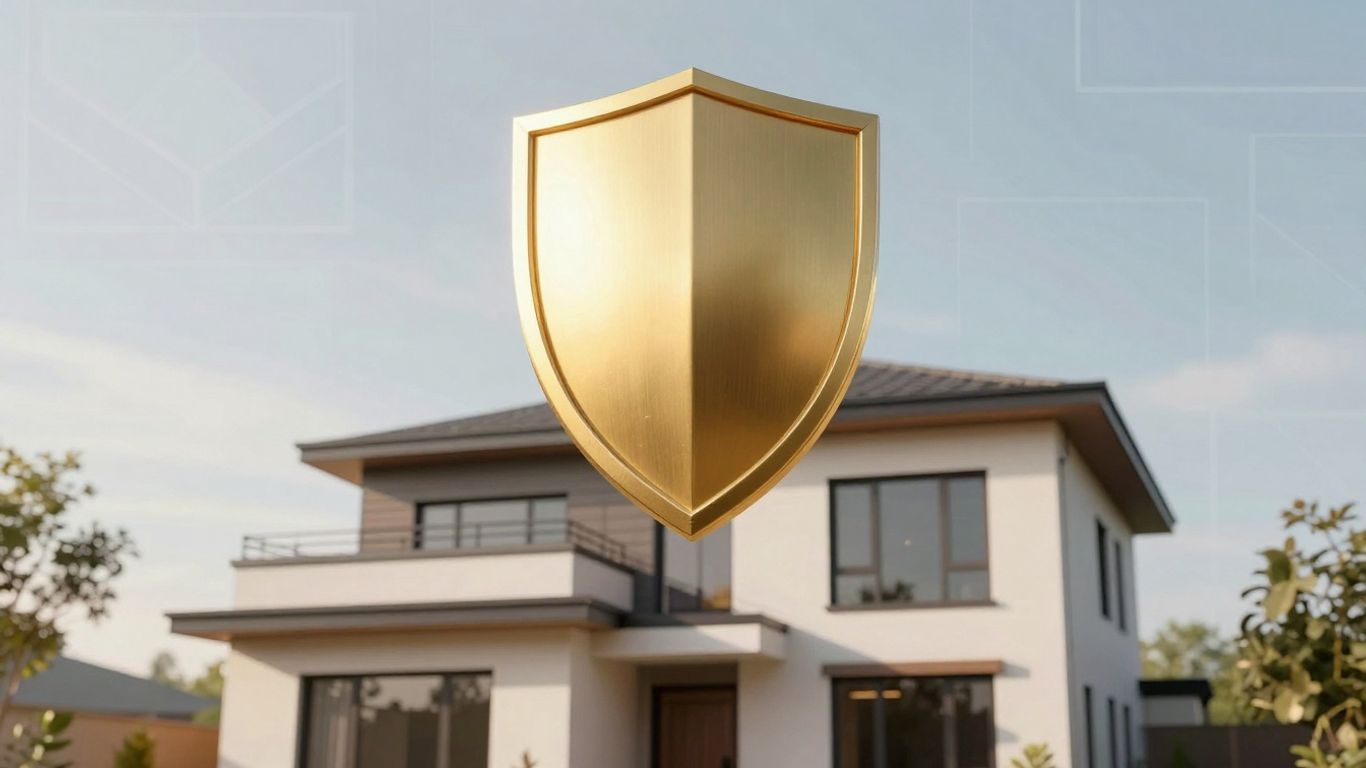 Casa protegida por un escudo dorado, seguro de hogar para caseros.