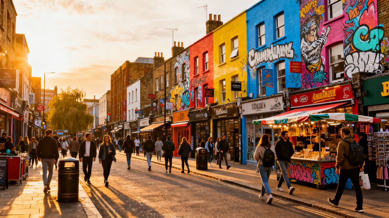 Camden Town street scene with people and buildings.