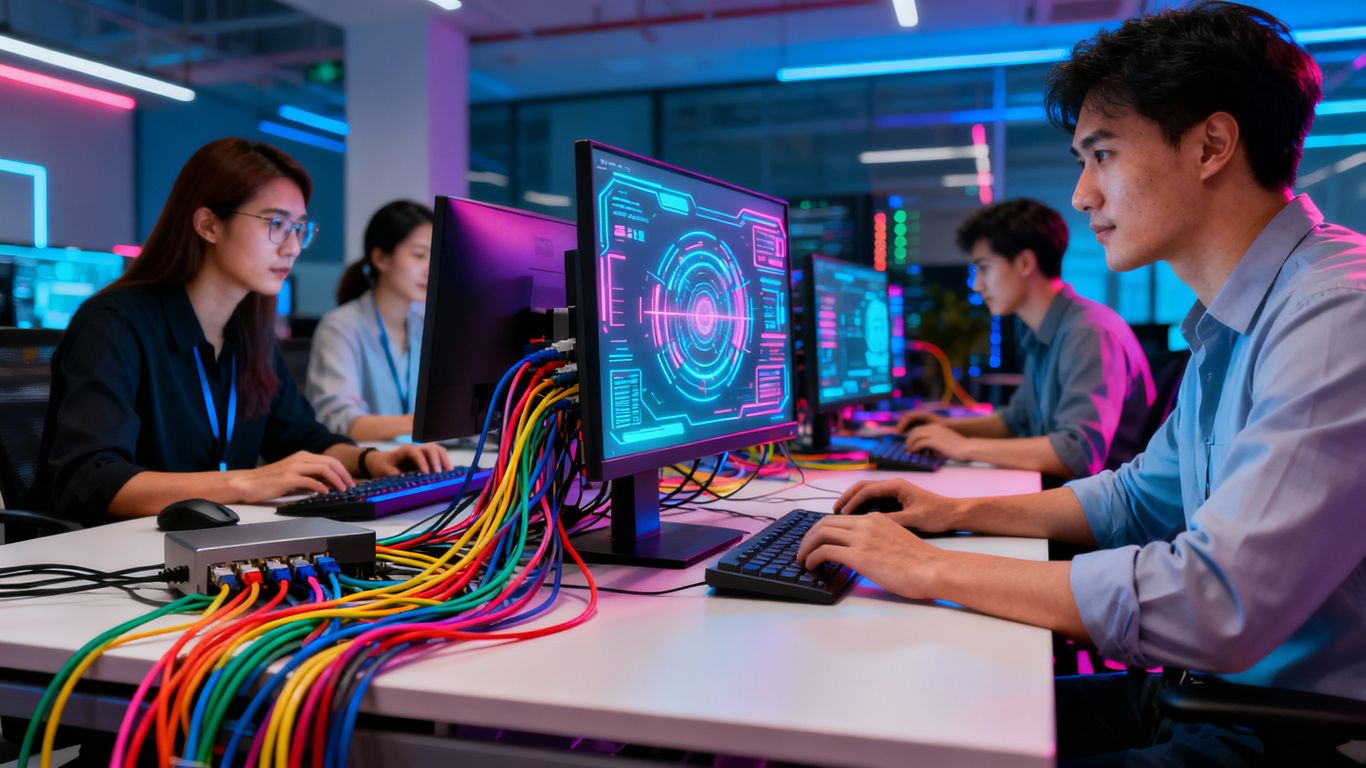 Modern office team working with connected computers