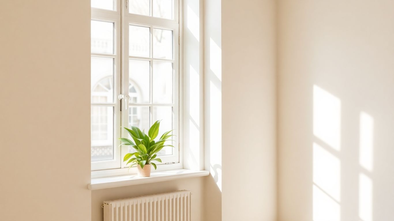 Freshly painted room with plant and natural light.