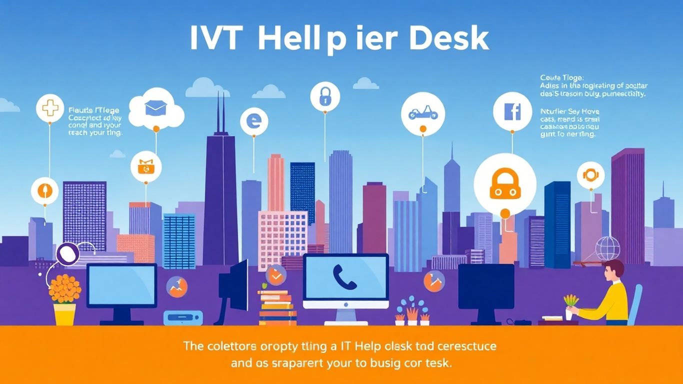 Chicago skyline with IT help desk job icons.
