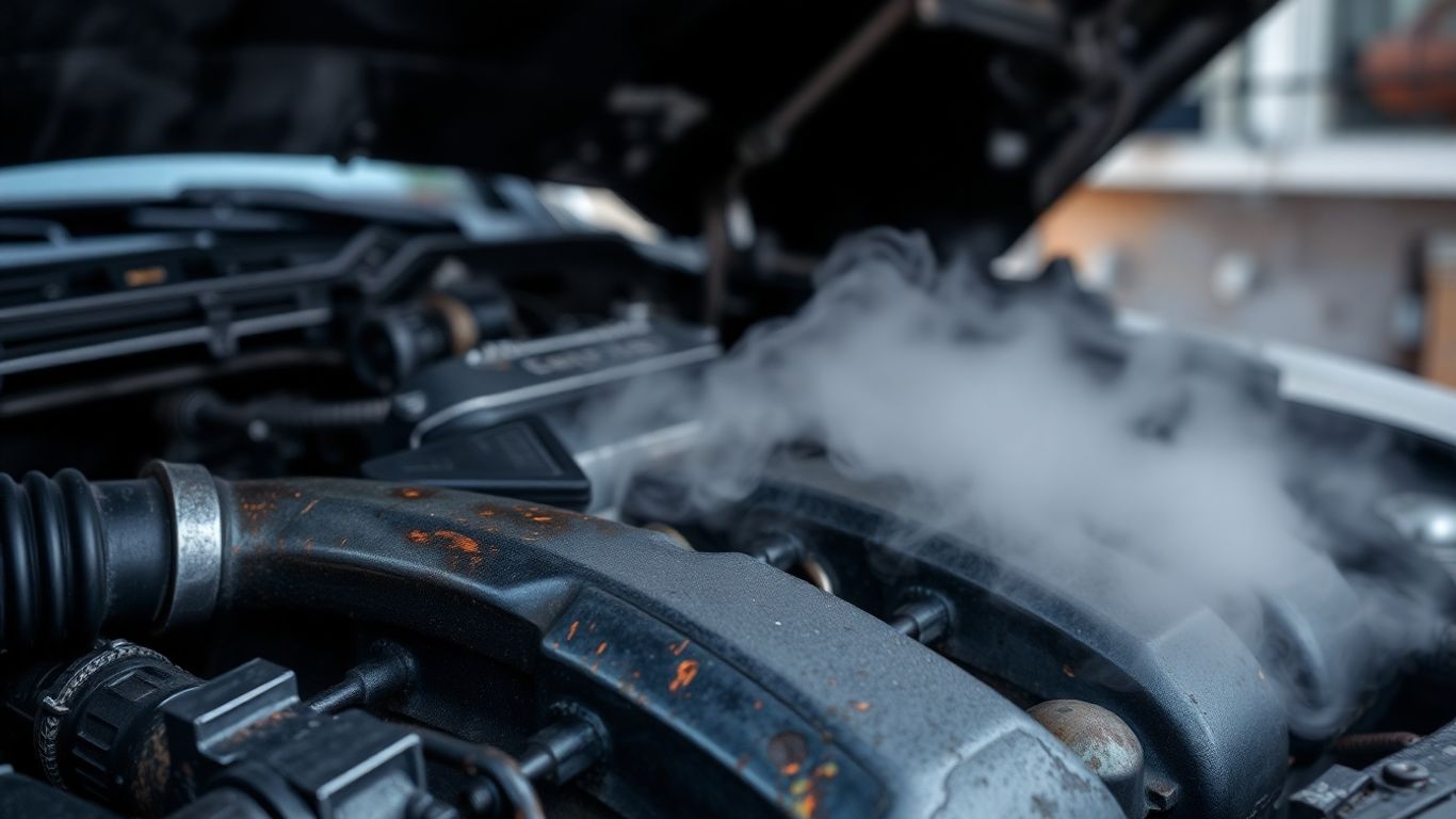 Overheating car engine with steam rising from hood.