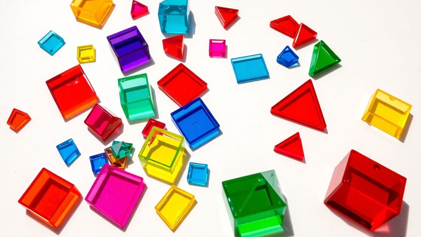 Colorful Magna Tiles building blocks scattered on a surface.