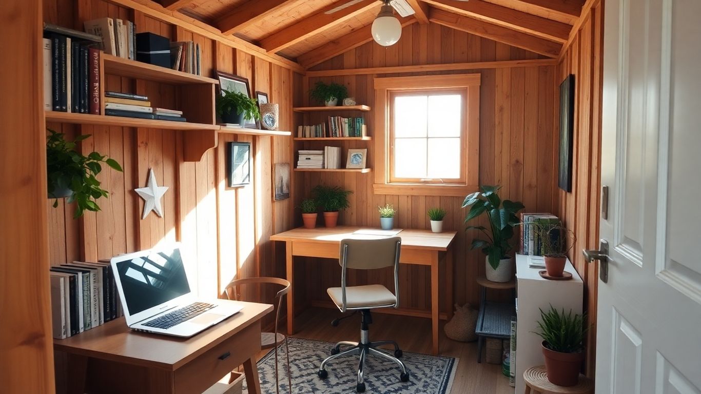 Shed converted into a modern, bright home office space.