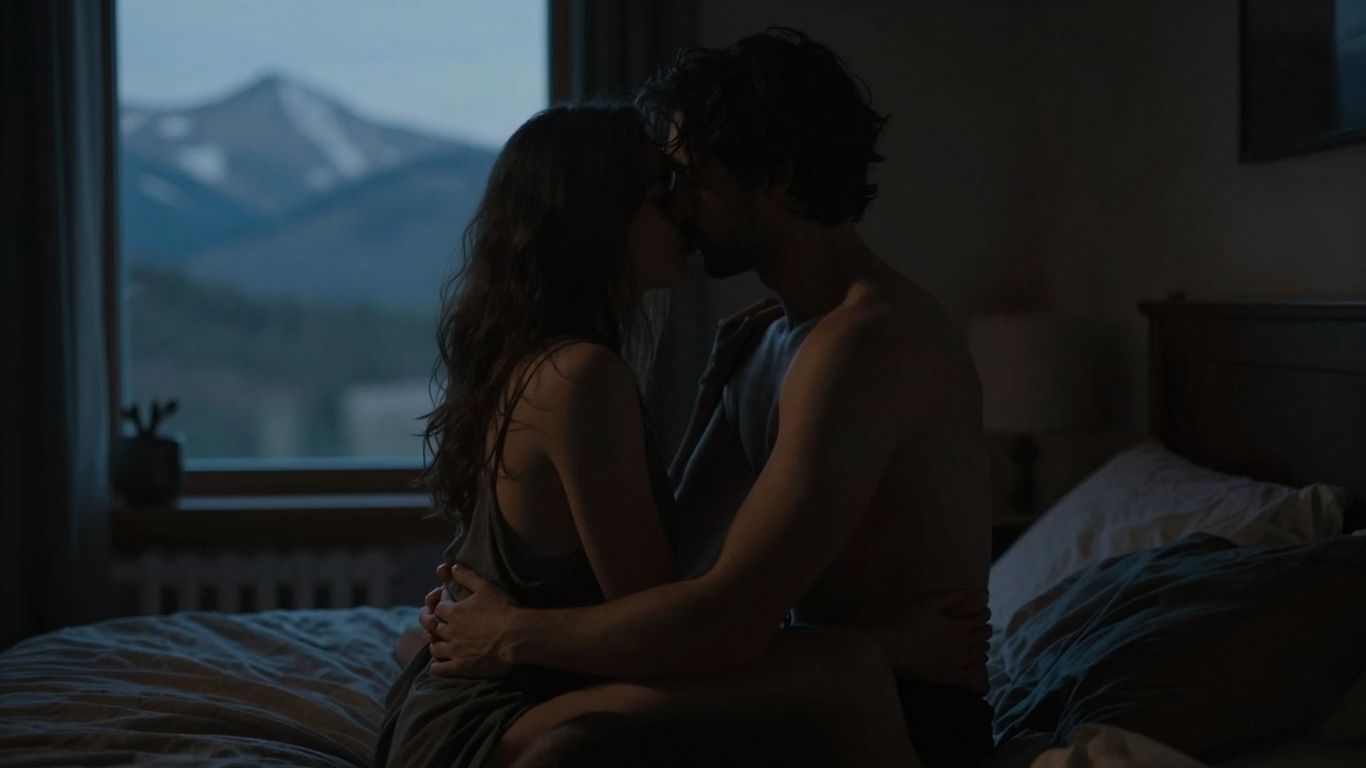 Discreet couple embracing in a moonlit Colorado bedroom.