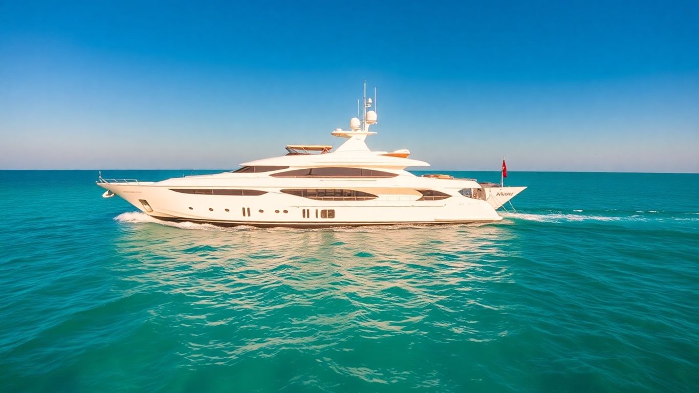 Luxury yacht sailing on clear turquoise water.