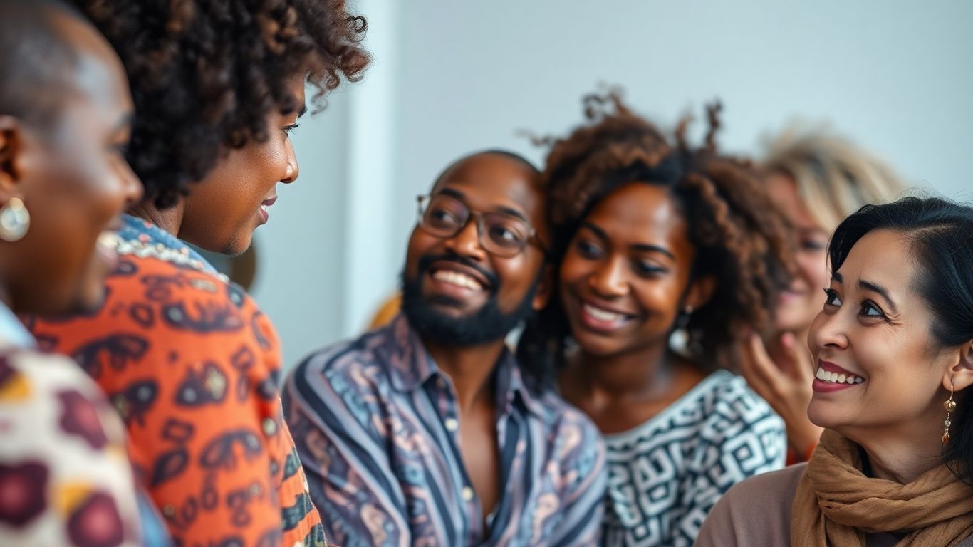 Diverse individuals connecting in a community setting.