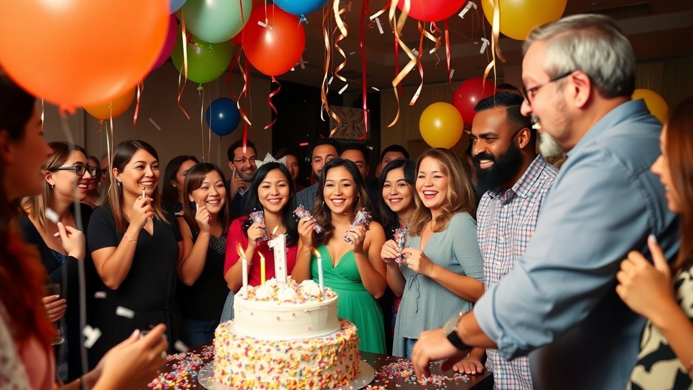 Surprise party in Dallas with balloons and cake.