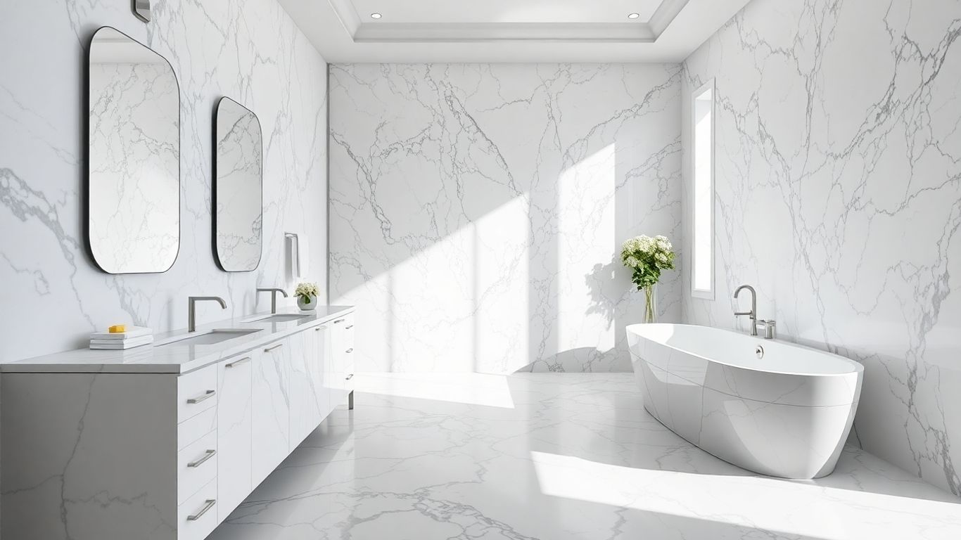 Elegant bathroom with Statuario marble vanity and tub.
