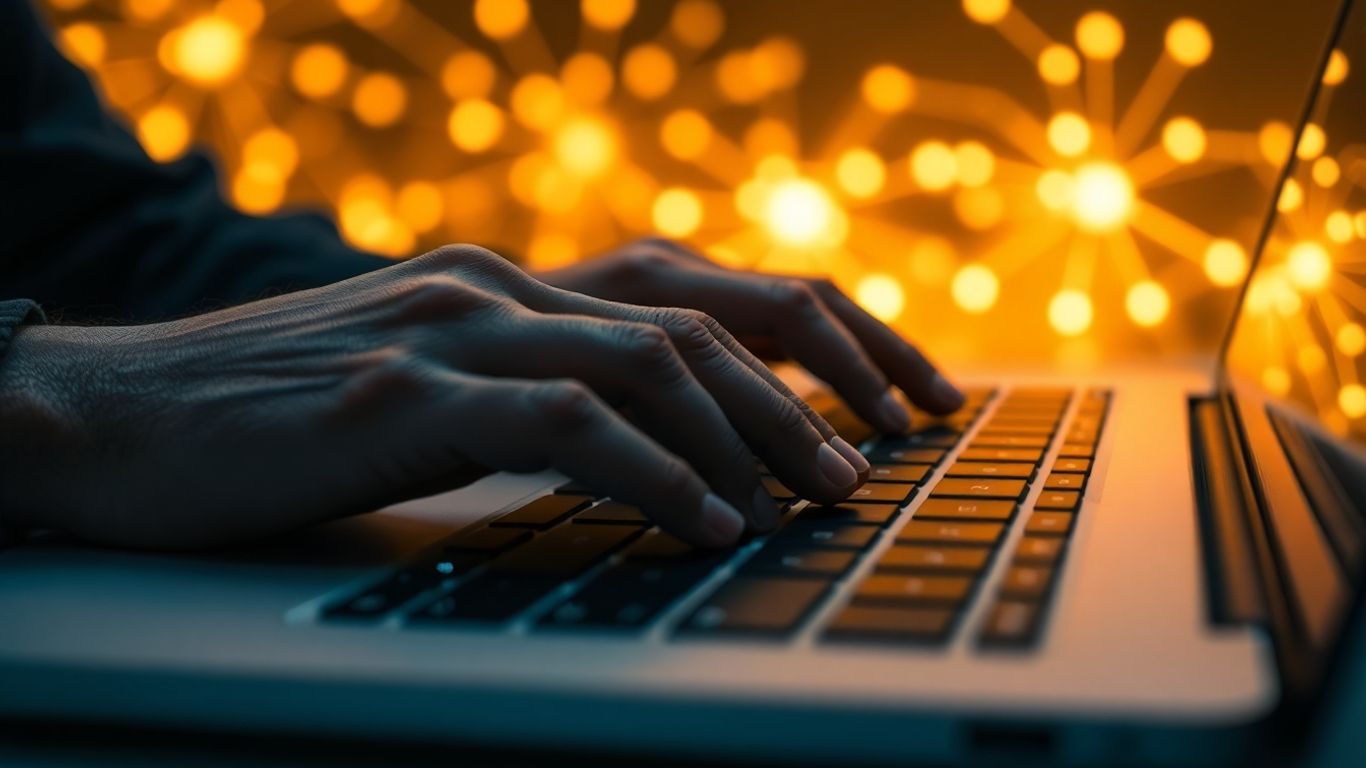 Hands coding on a laptop with digital network patterns.