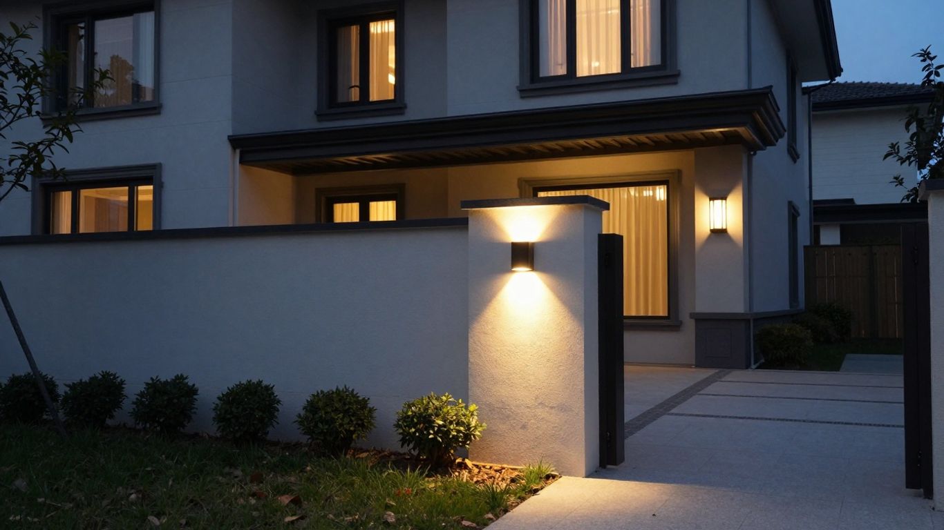 Modern house exterior with stylish outdoor lighting at dusk.