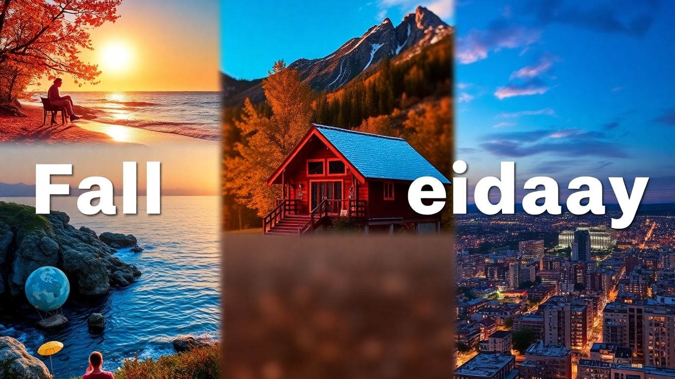 Fall holiday destinations collage: beaches, mountains, cities.