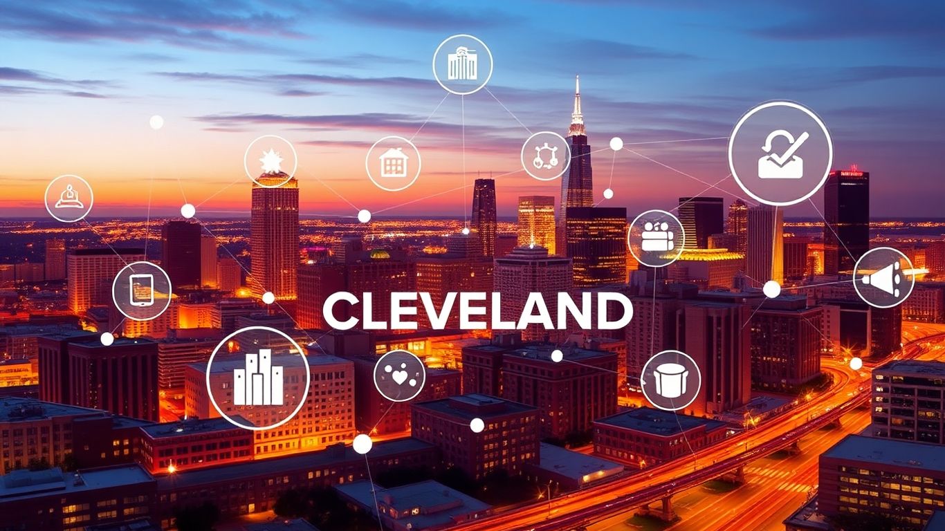 Cleveland cityscape with digital growth and technology icons.