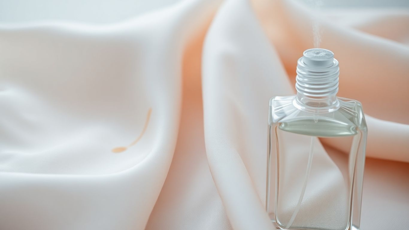 Perfume bottle spraying mist near a stained silk scarf.