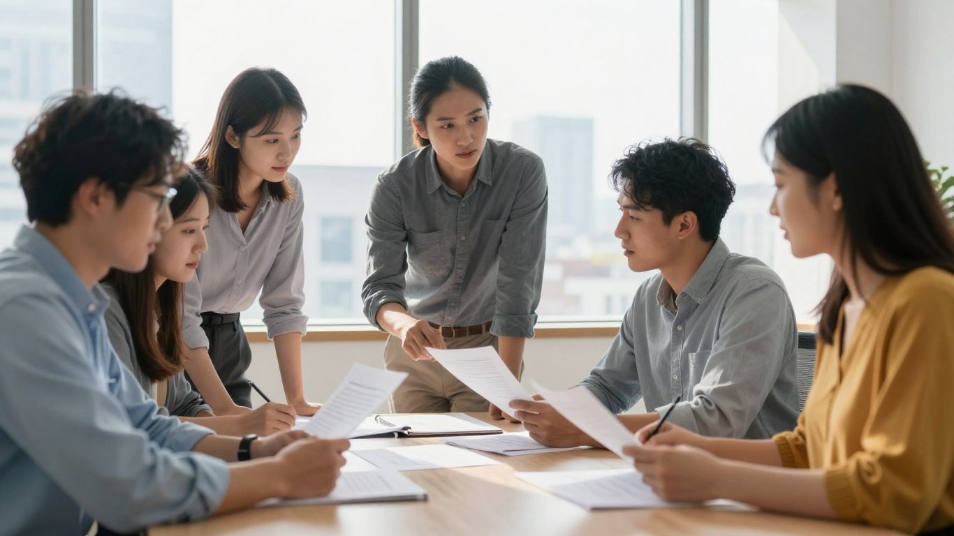 Business professionals discussing insurance plans in an office.