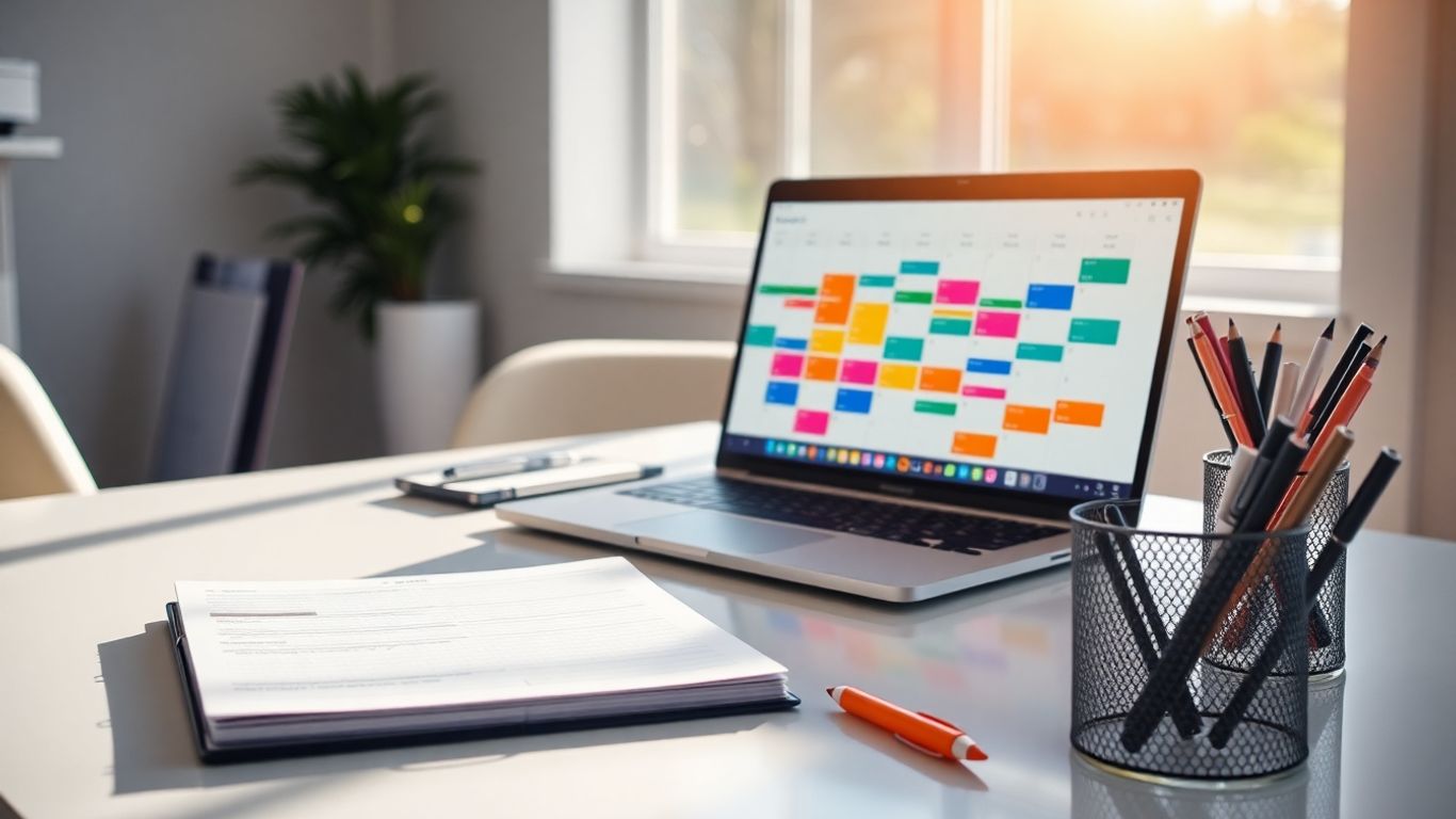 Marketing content calendar on a laptop screen.