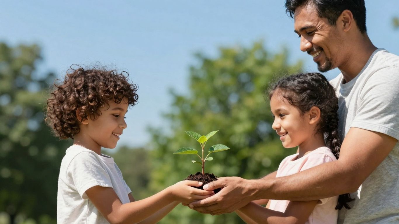 Family planting a tree, symbolizing growth and security.