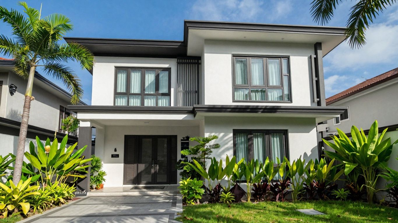 Modern Indonesian house with green landscaping.
