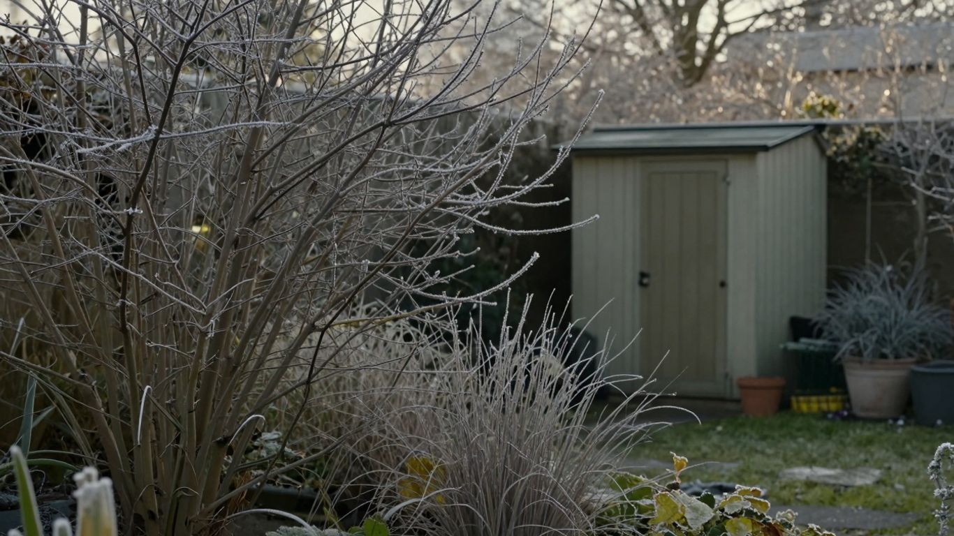 Winterruhe im Stadtgarten: Frostige Pflanzen und ein gemütliches Gartenhaus.
