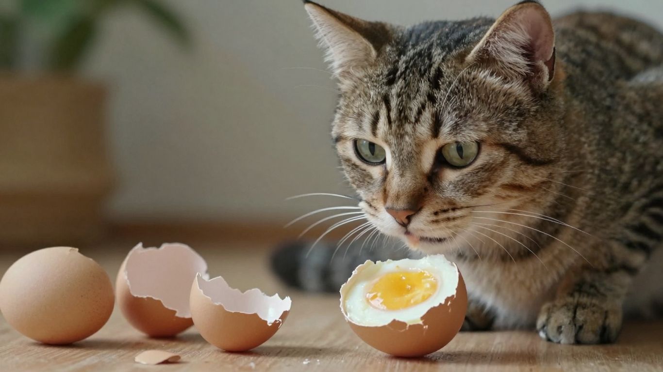 Cat looking at a cooked egg.