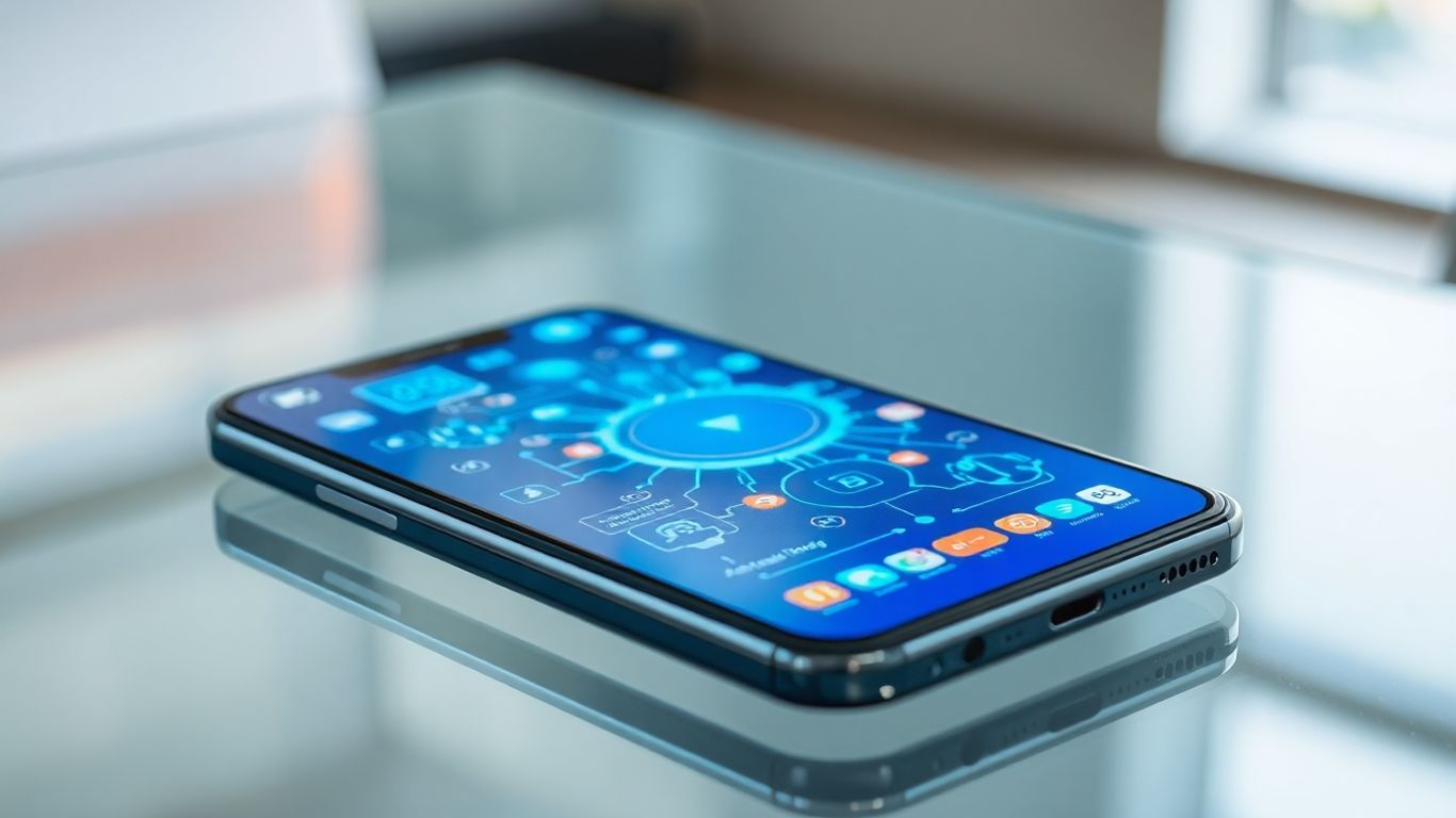 Smartphone modern cu interfață AI pe masă de sticlă.