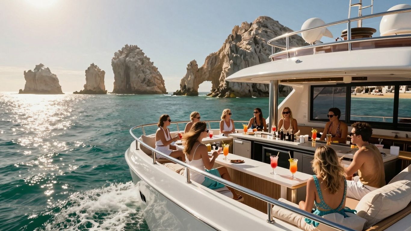 Luxury yacht charter in Cabo with open bar.