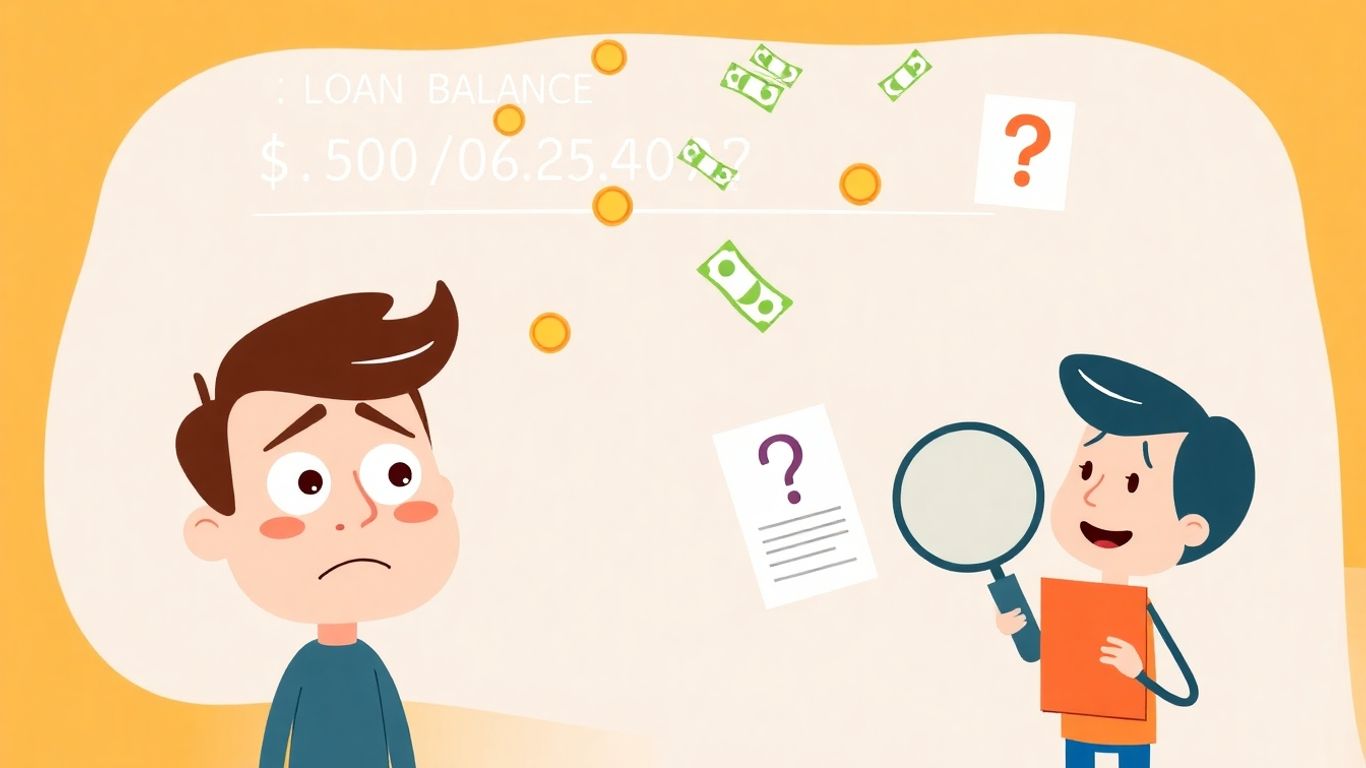 Cartoon character confused by growing loan balance and refinancing document.