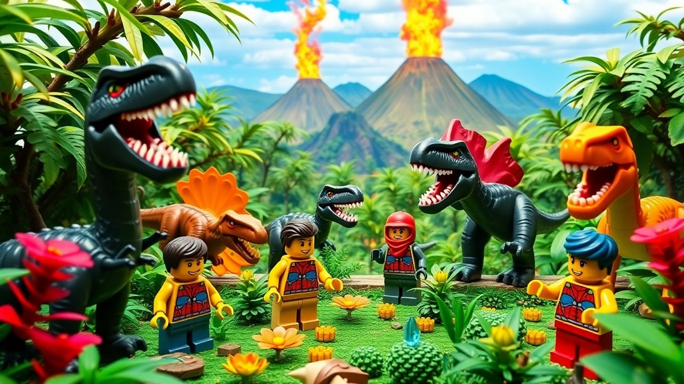 LEGO minifigures with dinosaurs in jungle adventure