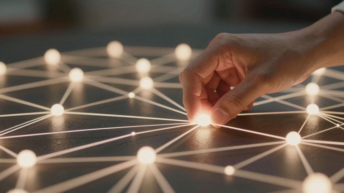 Mains organisant un réseau numérique complexe de chemins interconnectés.