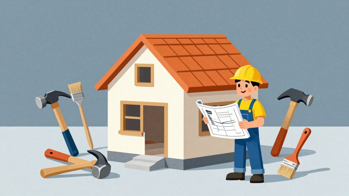 Cartoon house renovation with tools and homeowner.