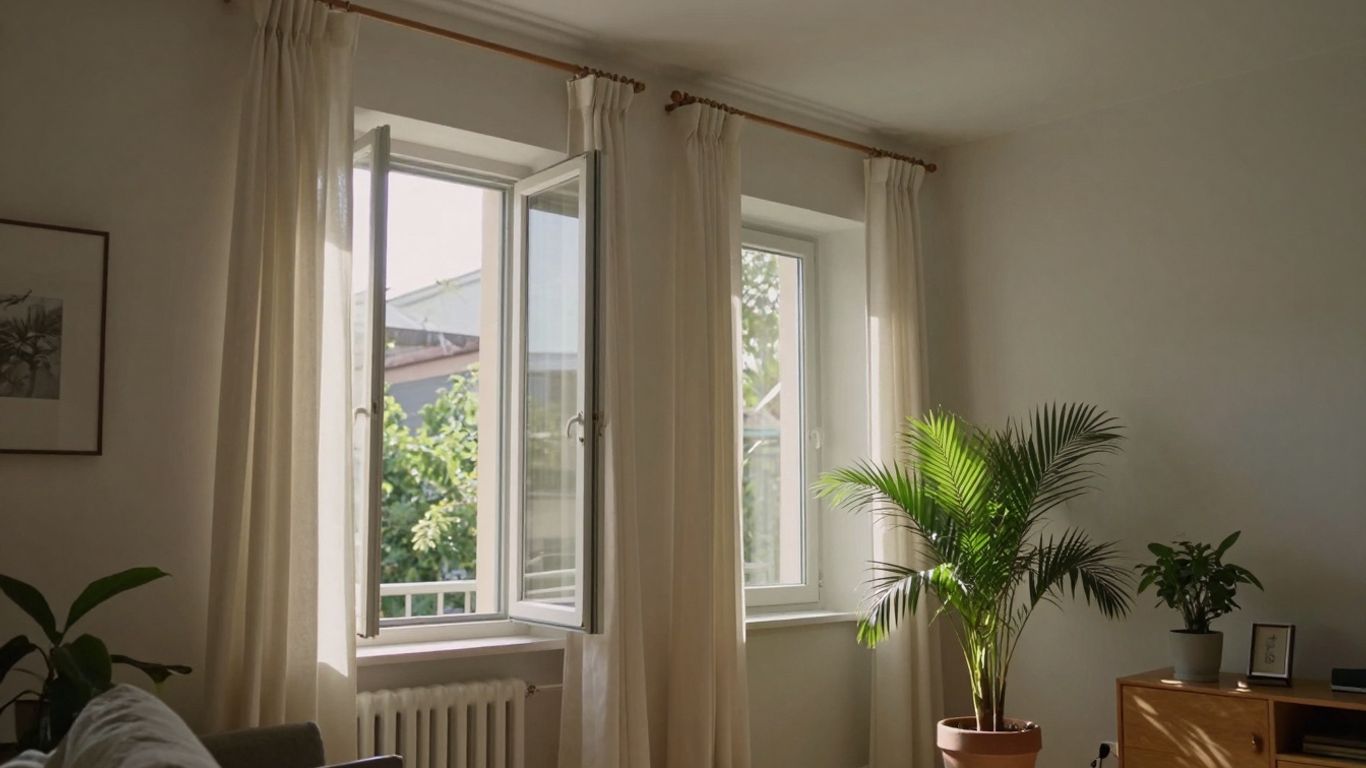 Aer proaspăt circulând într-un apartament luminos prin ferestre deschise.