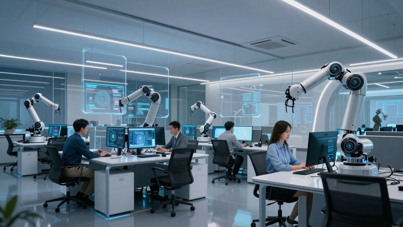 Futuristic office with robots and professionals collaborating