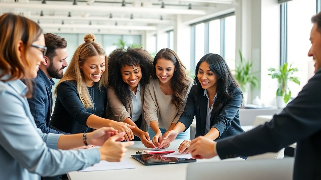 Team building activity in a modern office.