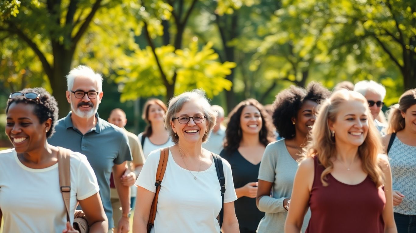 People enjoying a sunny day in a park, looking healthy and happy.
