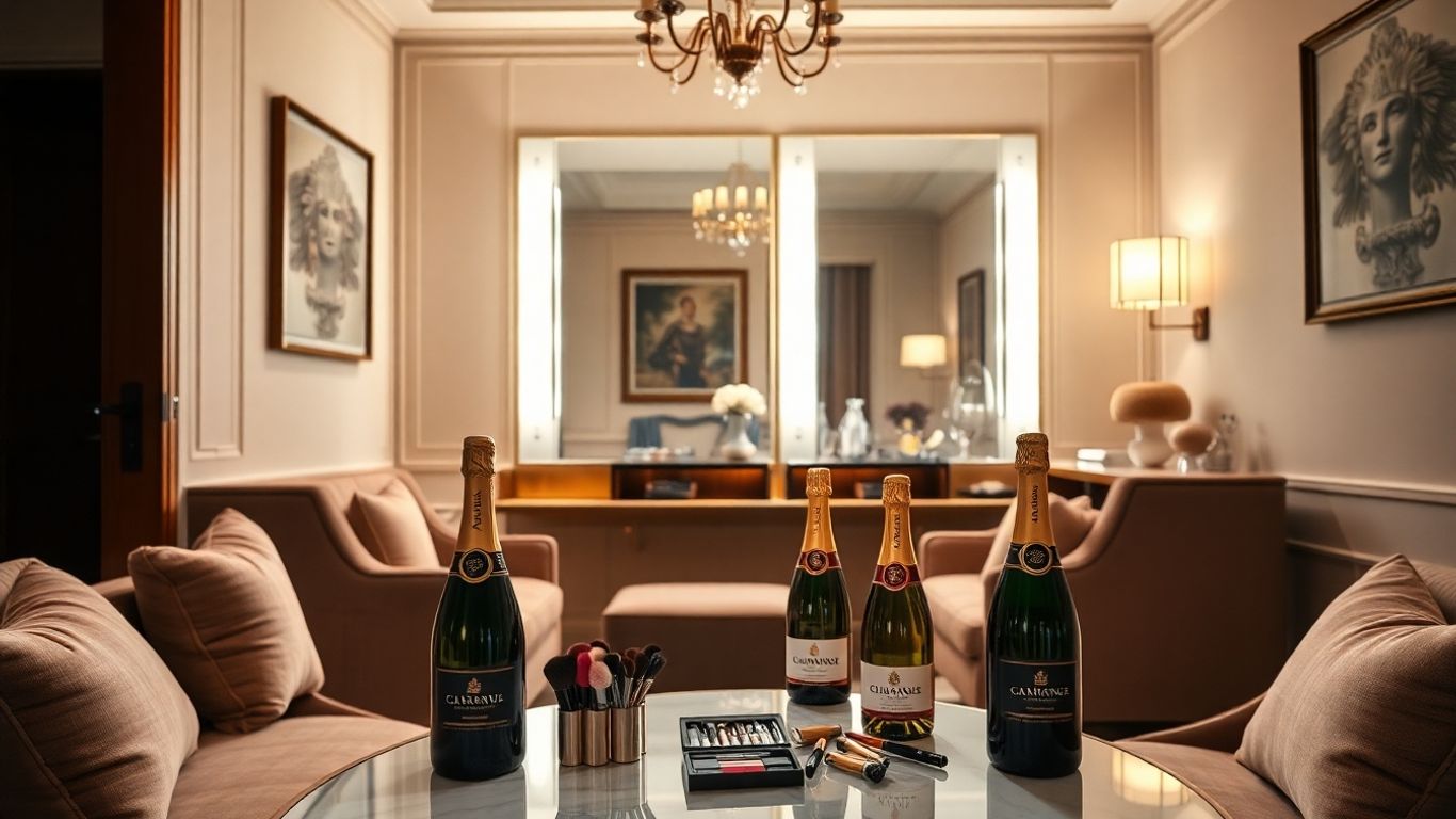 Luxurious dressing suite with vanity and champagne.