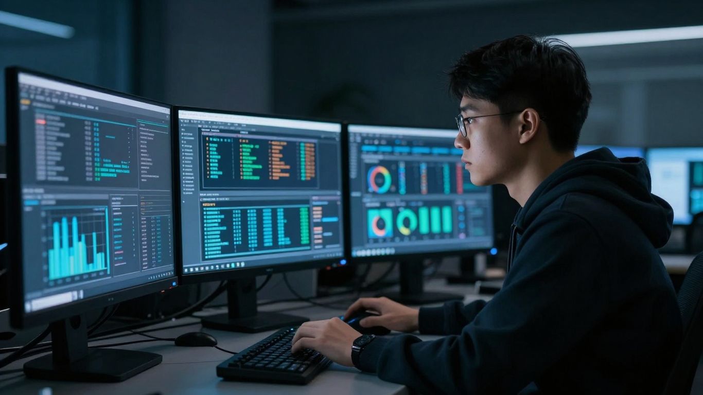 SOC analyst working with complex data on multiple screens.