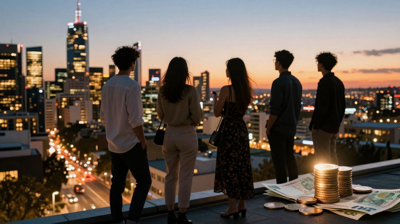 Young rich Australians overlooking city skyline at sunset.