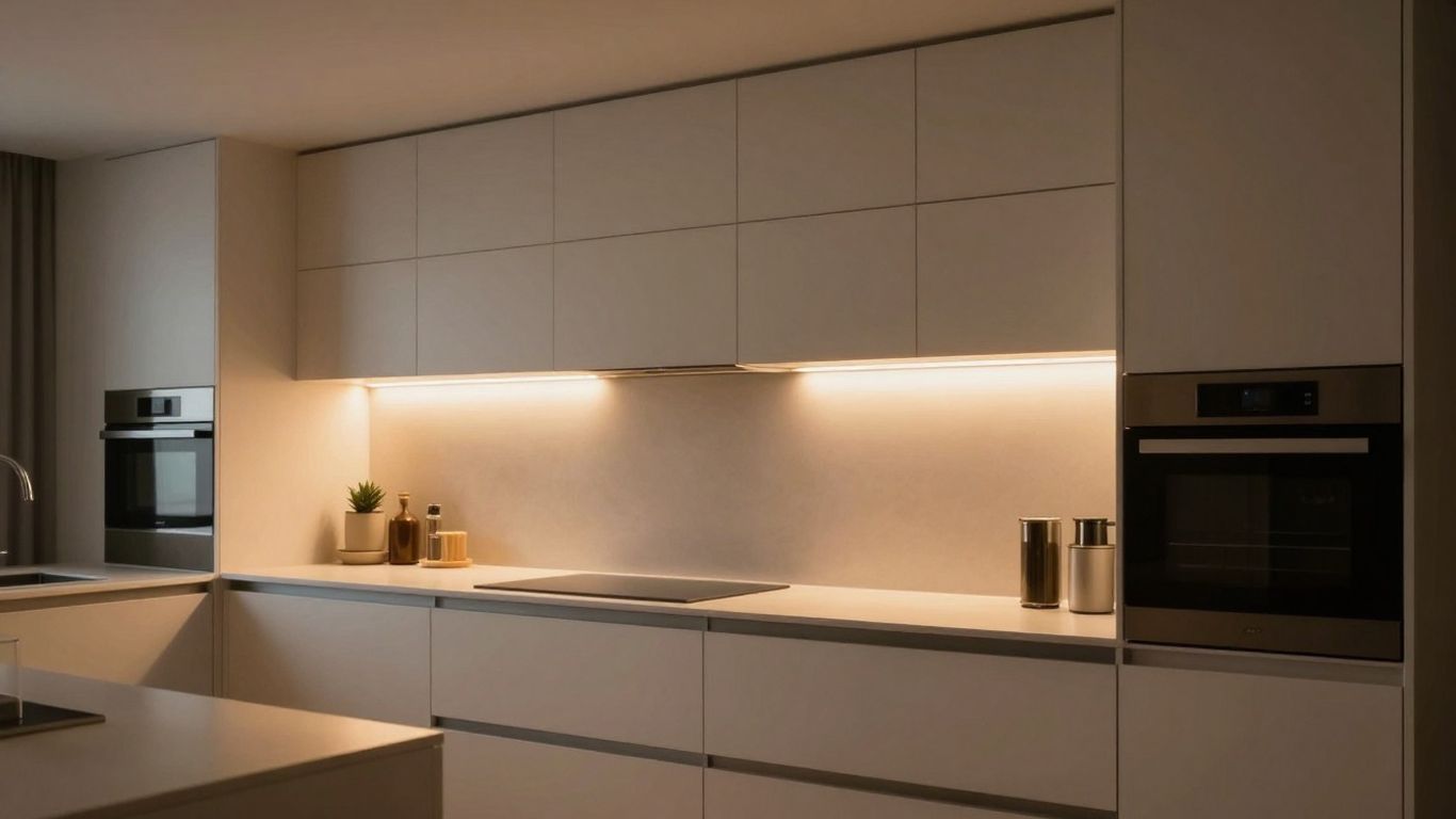 Modern kitchen with integrated LED strip lighting under cabinets