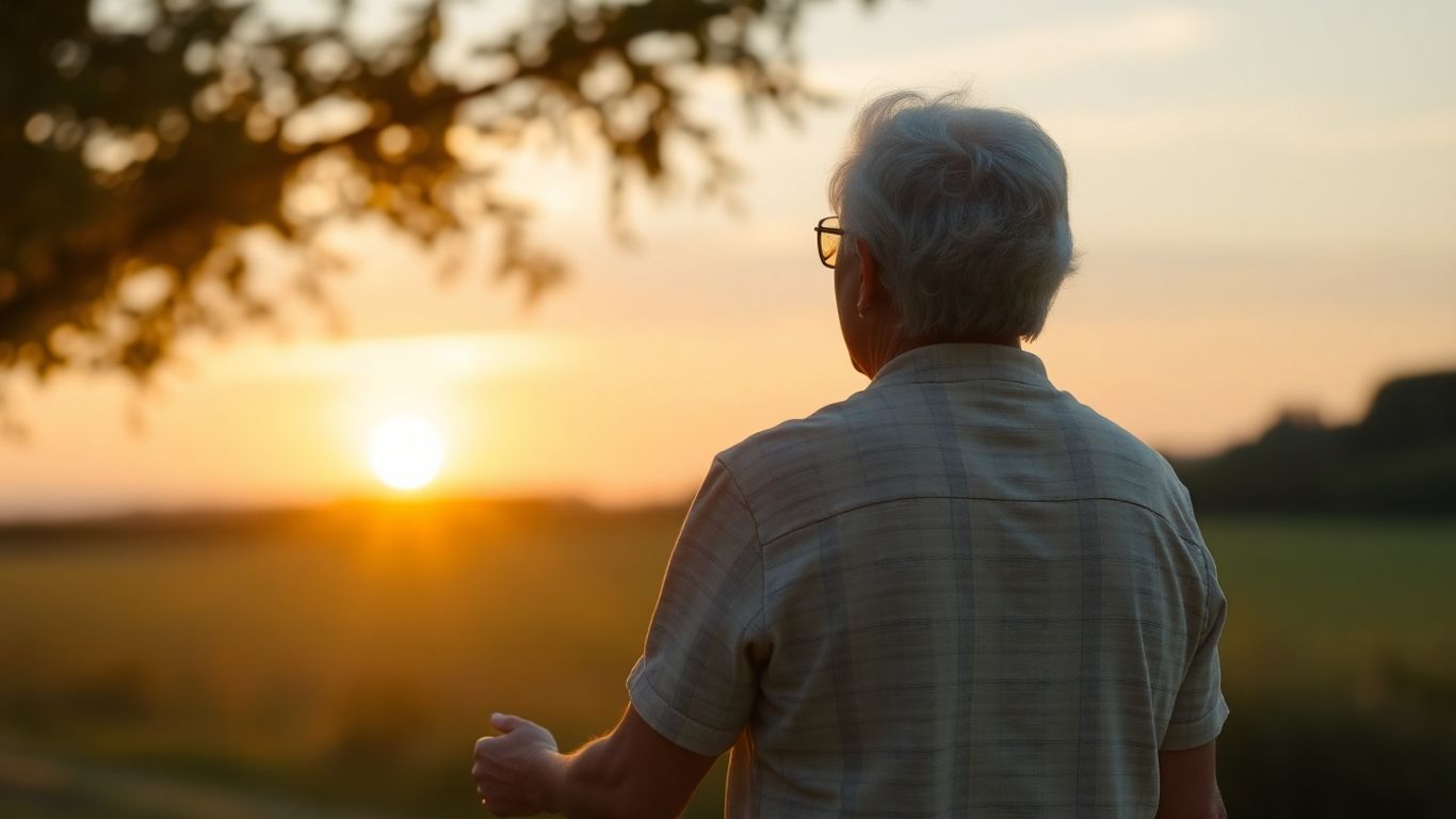 Casal maduro de mãos dadas ao pôr do sol.