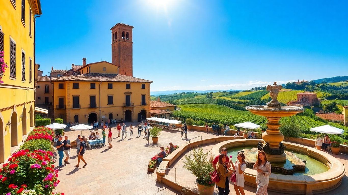 Cheap Italy holidays: Italian piazza with flowers and fountain.
