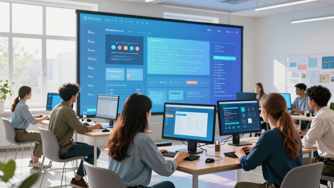 Pessoas aprendendo em ambiente digital moderno e iluminado.