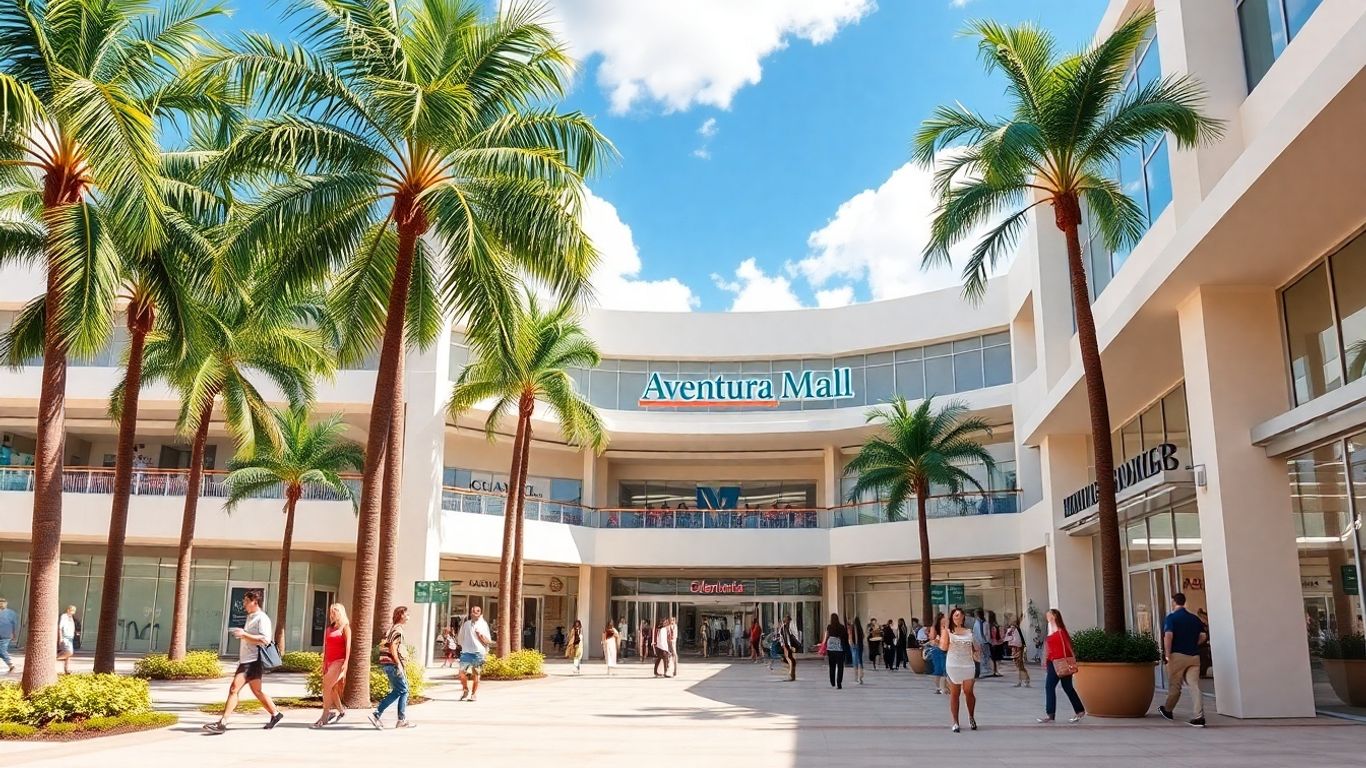 Aventura Mall exterior with palm trees and shoppers.